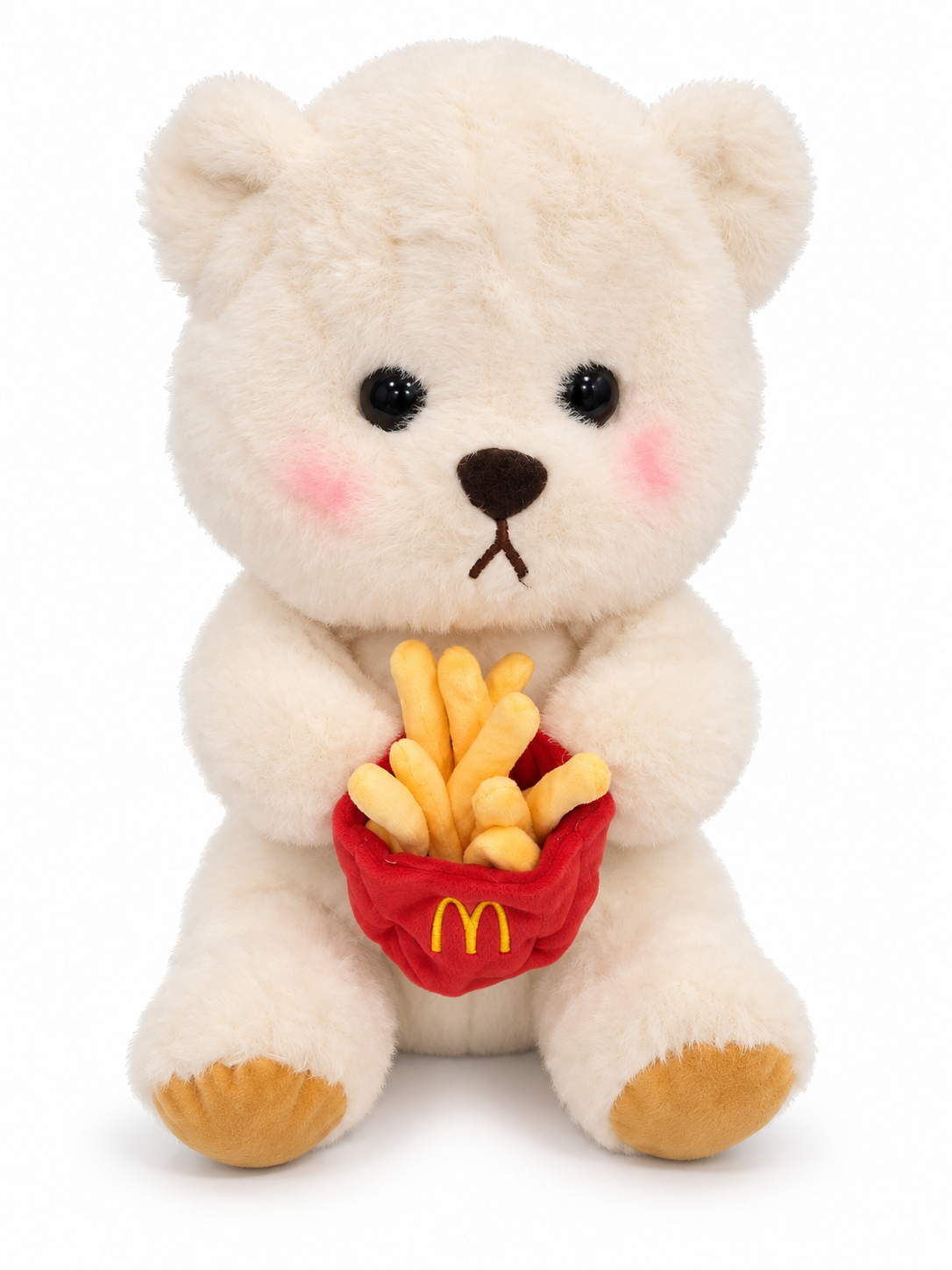 Cream plush bear driver headcover with burger mask lifted away and plush fries