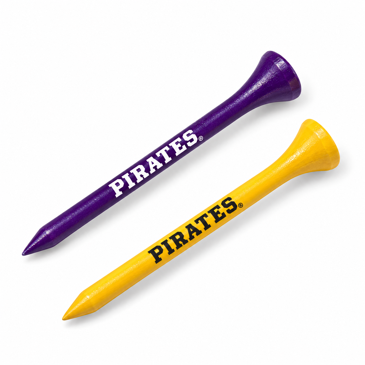 East Carolina Pirates golf tees in purple and yellow with team lettering.