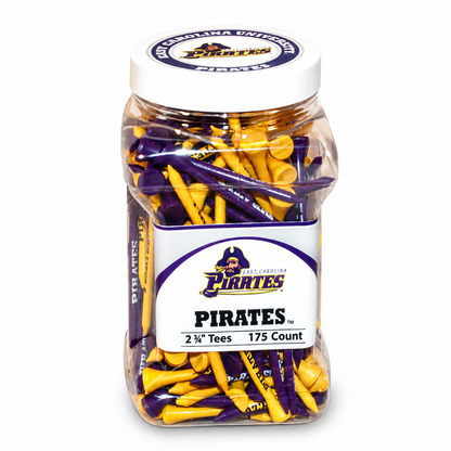 East Carolina Pirates closed jar containing 175 2¾-inch golf tees with its team-logo lid attached.