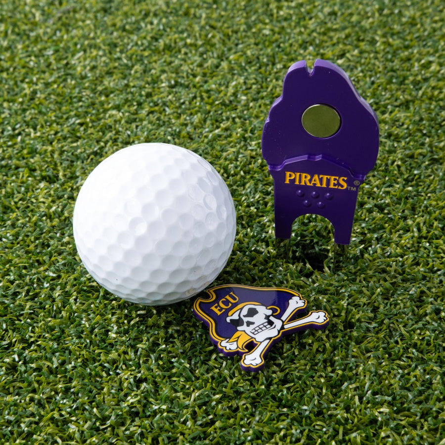 ECU Pirates tool and its logo-shaped marker on the green