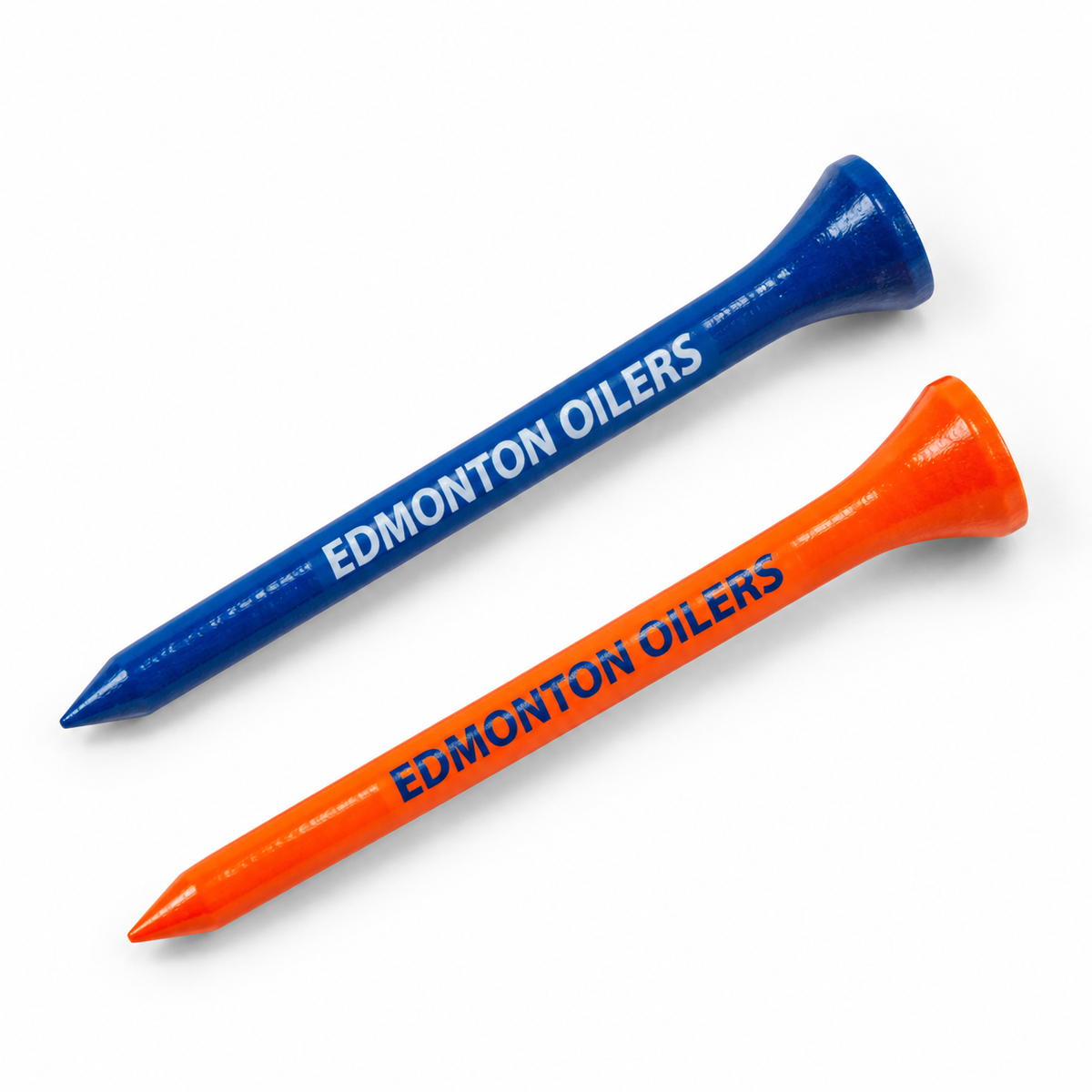 Edmonton Oilers golf tees in blue and orange with team lettering.