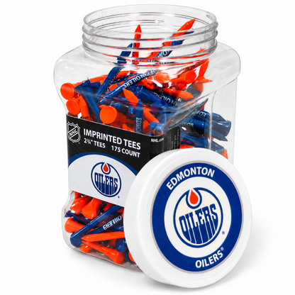 Edmonton Oilers jar containing 175 2¾-inch golf tees with its separate team-logo lid.