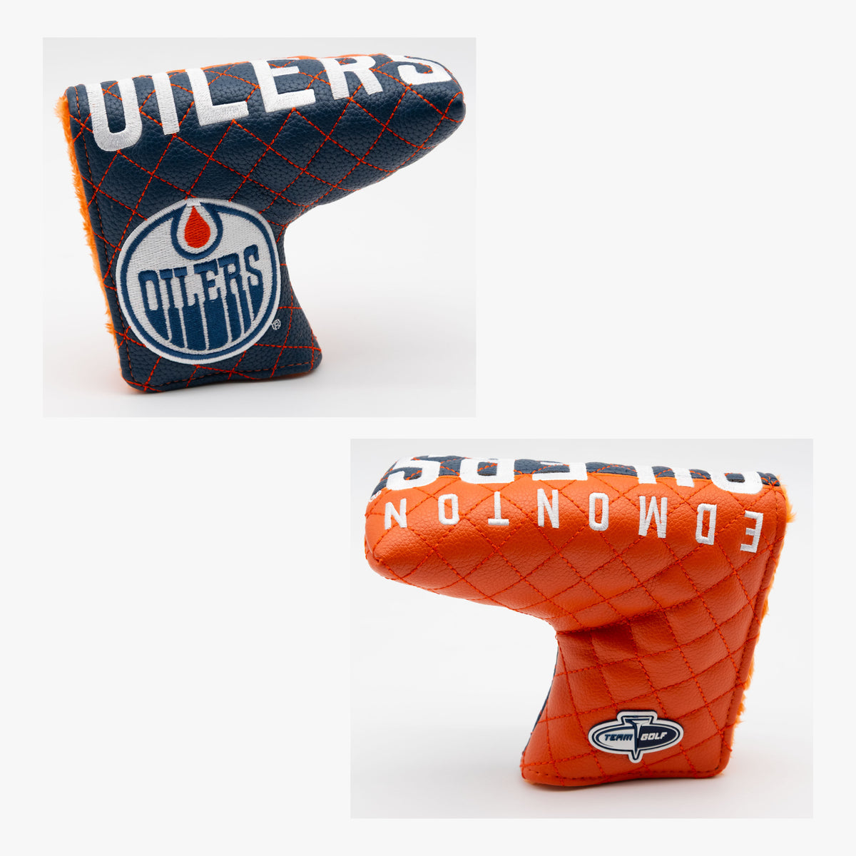Edmonton Oilers Split Quilted Blade Putter Cover, front and back views