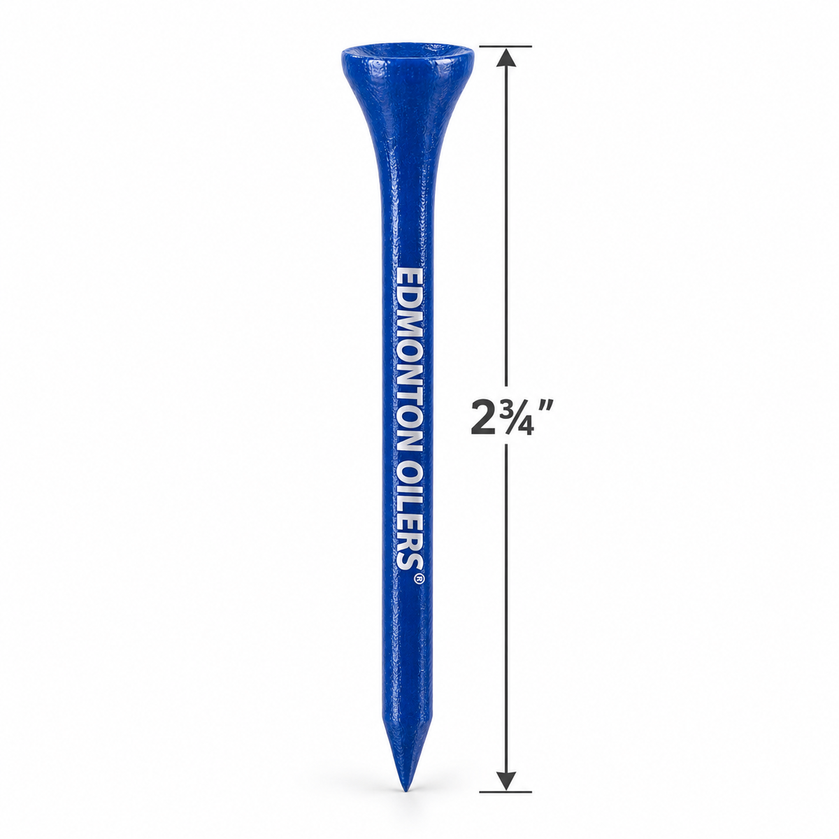 Blue Edmonton Oilers golf tee with a 2¾-inch height measurement.
