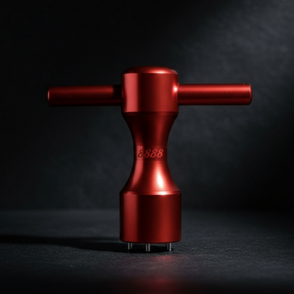 Red metal tool or device on a dark background