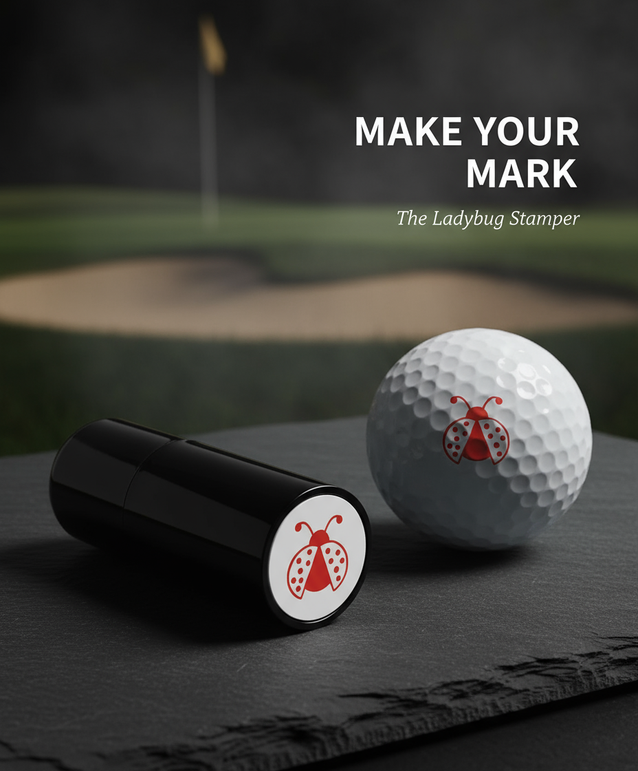 Golf ball and black ladybug stamper on a dark surface with a golf course background.