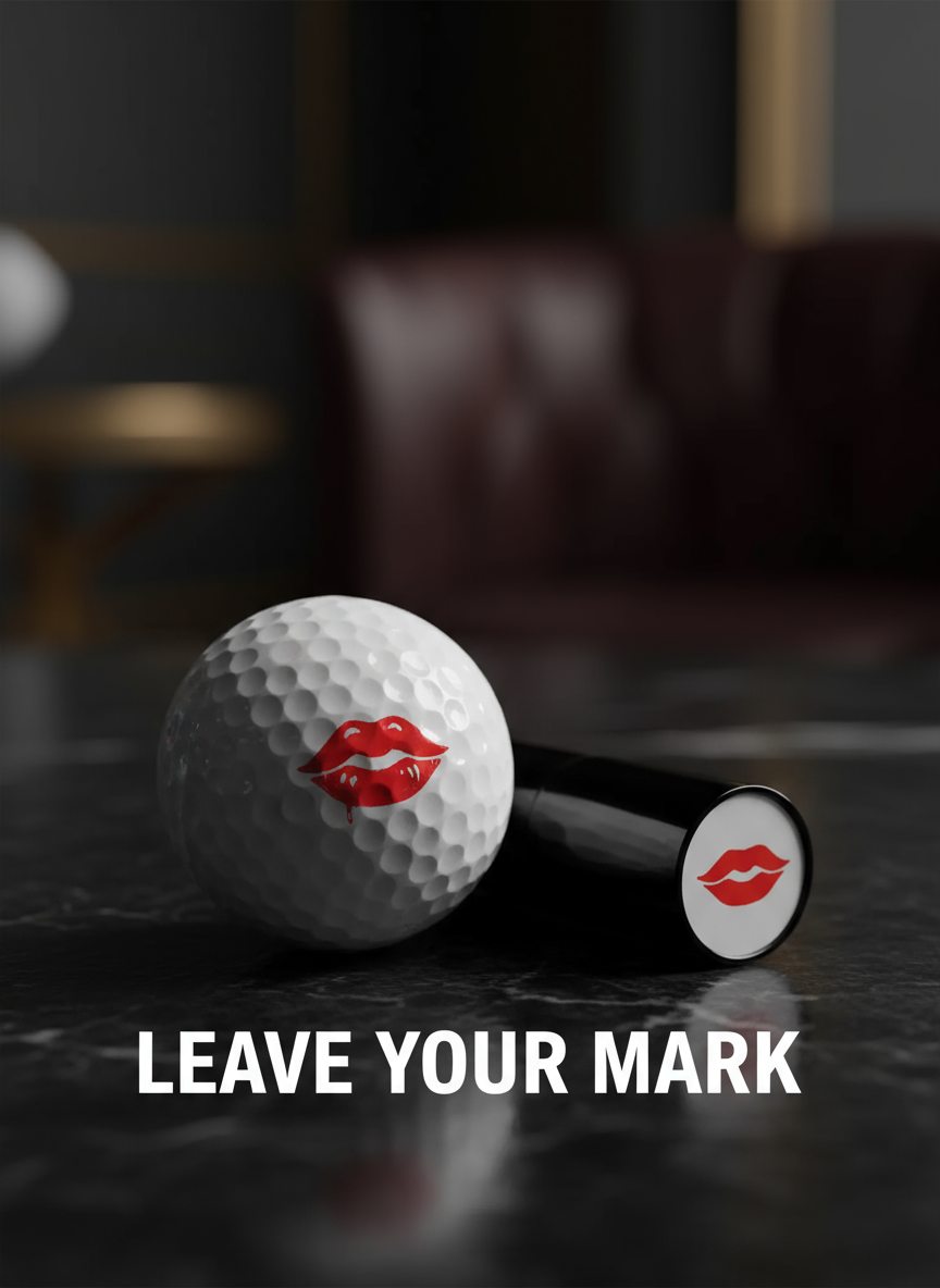Golf ball and lip-shaped object with red lipstick prints on a dark surface, text 'Leave Your Mark' below.
