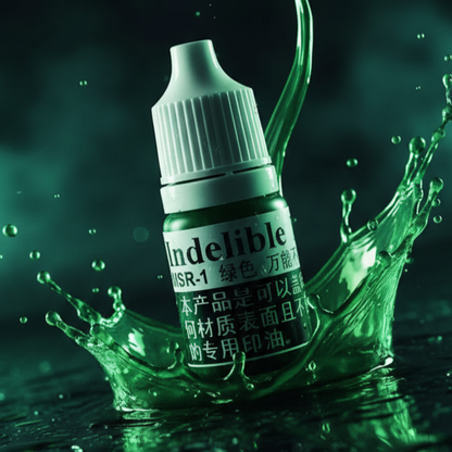 Bottle of green liquid with water splashes on a dark background, featuring the brand 'Indelible'.