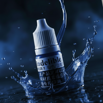 Bottle of Indelible product with water splash on a dark background