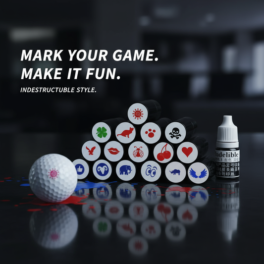 Golf balls with markers and a bottle of marker on a reflective surface, with text 'Mark Your Game. Make It Fun.'