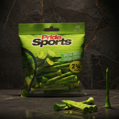 Green PrideSports golf tees packaging with green paint-splatter design and wood golf tees arranged on dark textured stone background