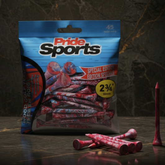 Red-and-blue PrideSports golf tees package with splatter design on dark stone surface, scattered tees and one upright red tee