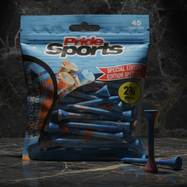 Blue PrideSports golf tees package with paint-splatter design on dark marble surface, scattered blue and orange tees in front