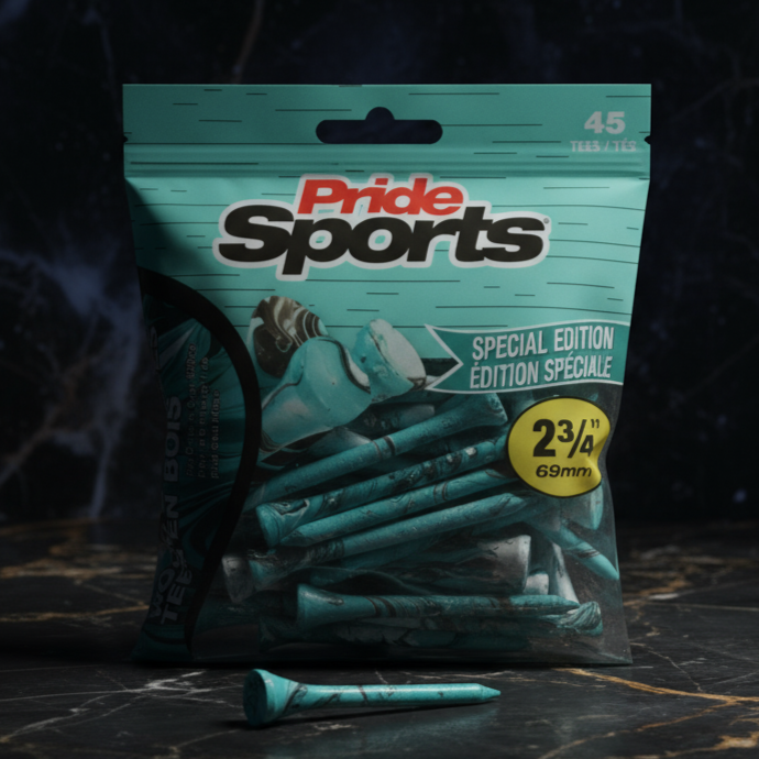 Close-up of teal PrideSports golf tees package with paint-splatter design and visible wooden tees on dark marble surface