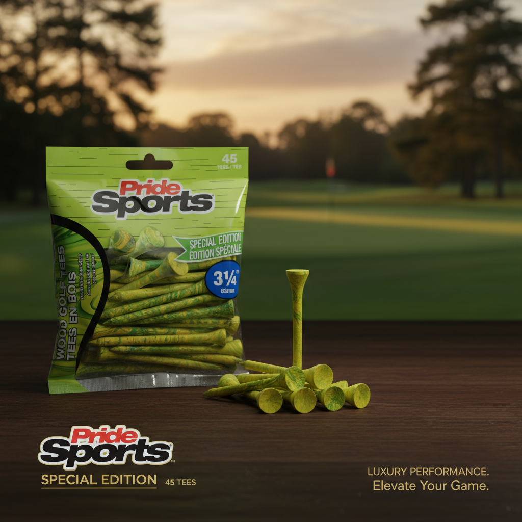 PrideSports golf tees packaging with green paint-splatter design on wooden surface, tees arranged in front, with blurred golf course background