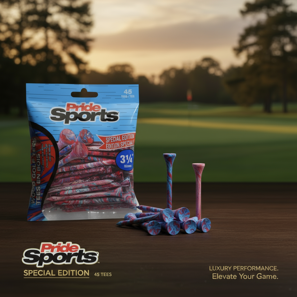 Red-and-blue PrideSports golf tees packaging with splatter design on wooden surface, two upright tees and scattered tees with blurred golf course background