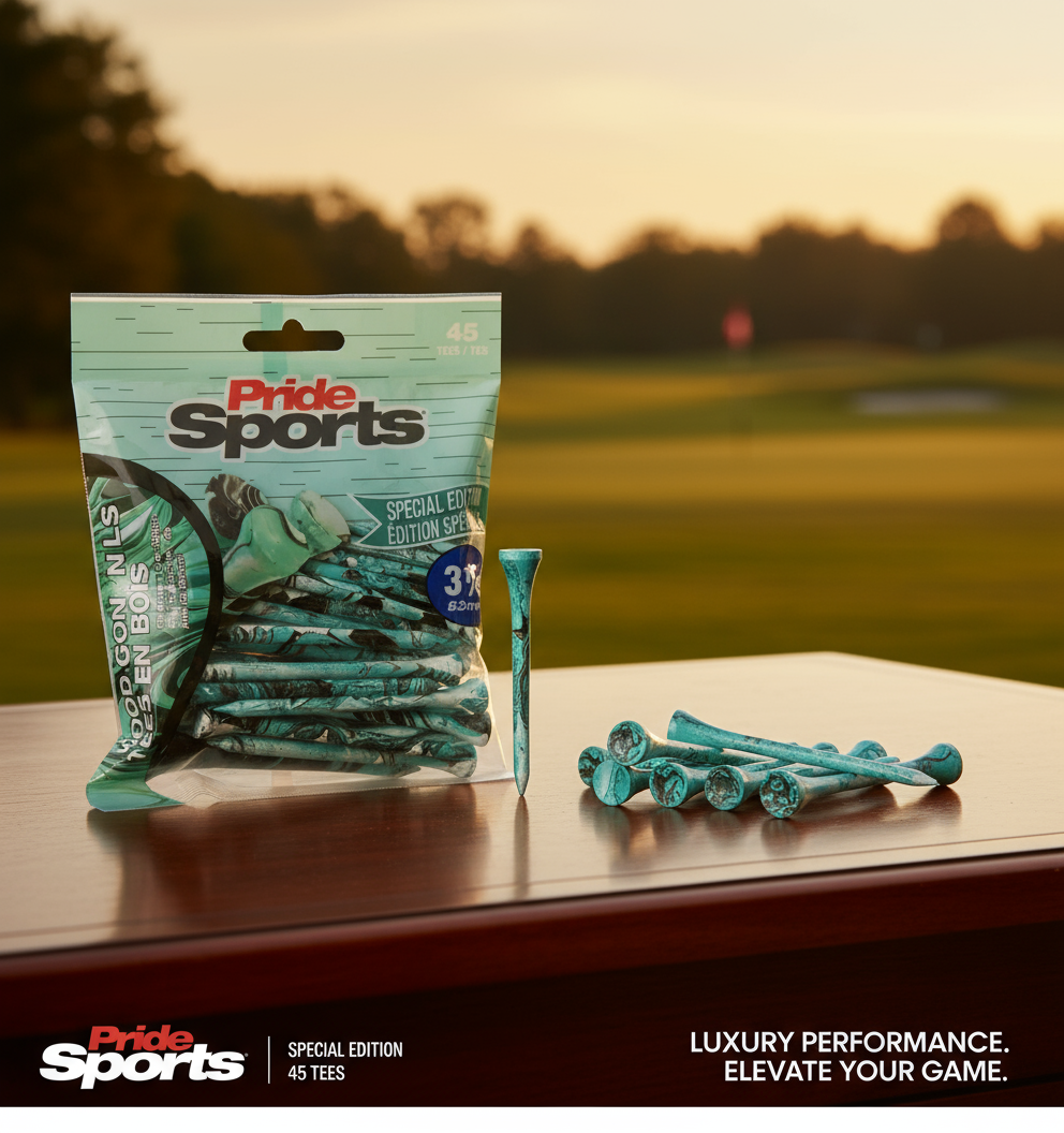 Teal PrideSports golf tees package with paint-splatter design on table, several green tees arranged and one upright with blurred golf course background