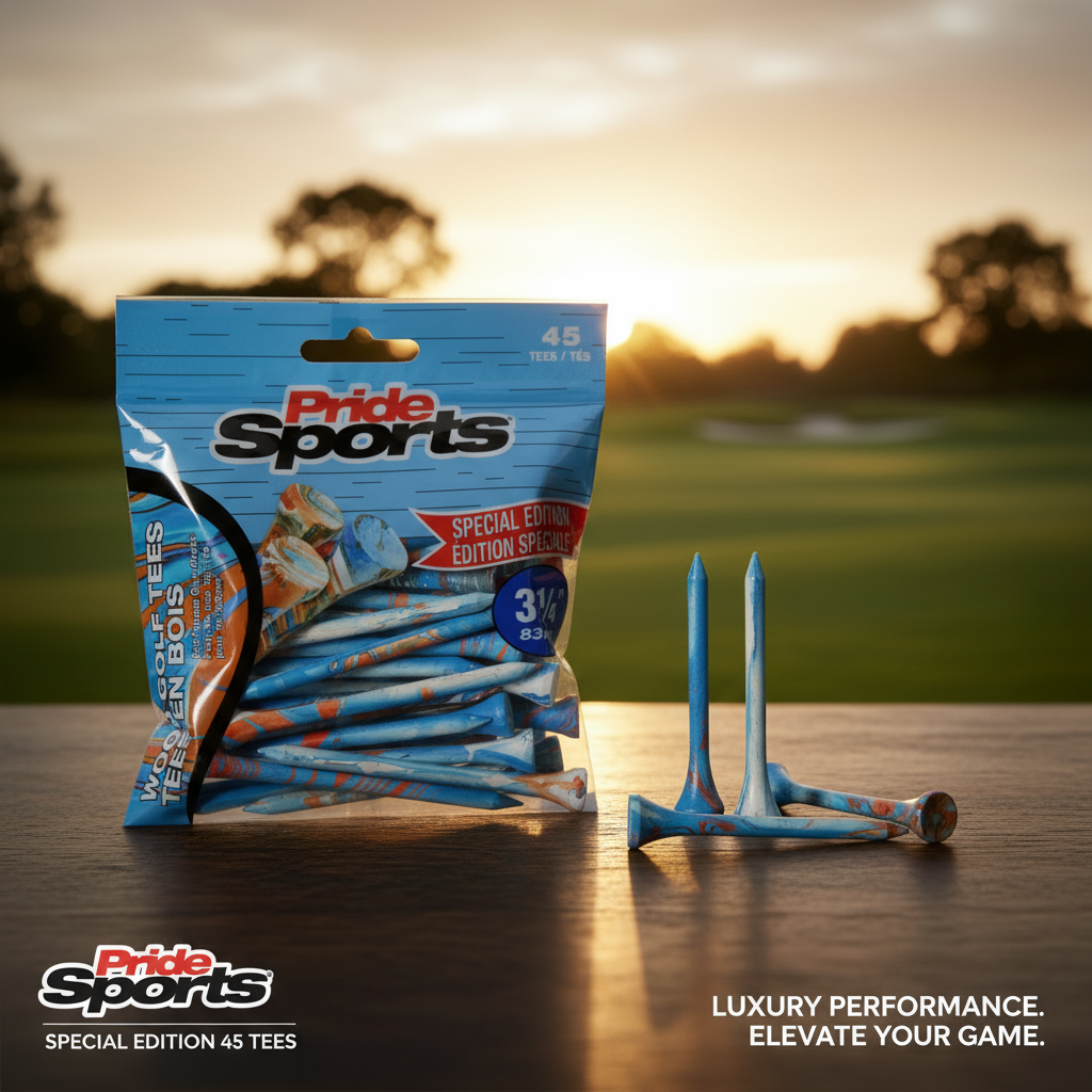 Blue PrideSports golf tees package with paint-splatter design and scattered blue and orange tees on wooden surface with blurred golf course background
