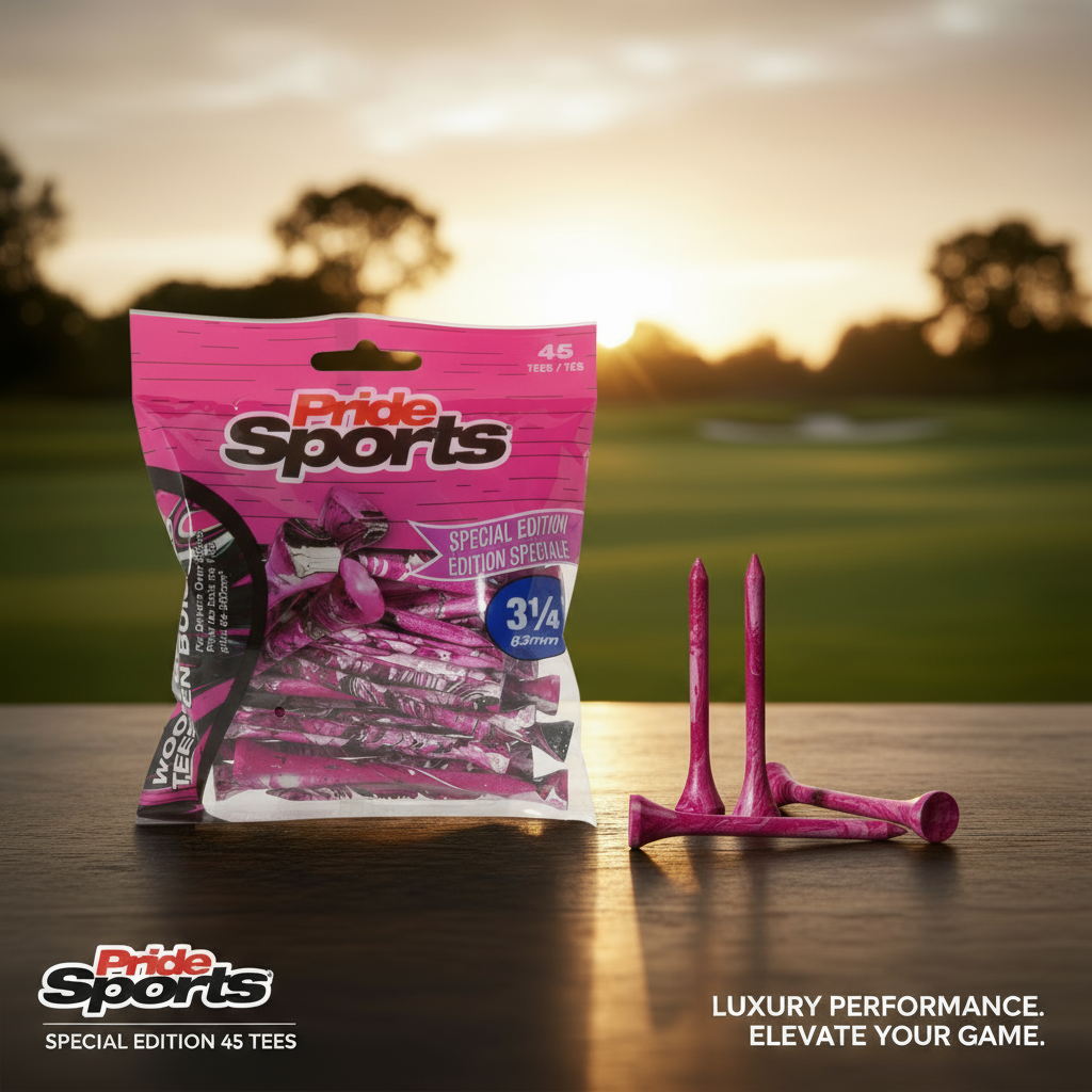 Pink PrideSports golf tees package with paint-splatter design and upright and scattered pink tees on wooden surface with blurred golf course background