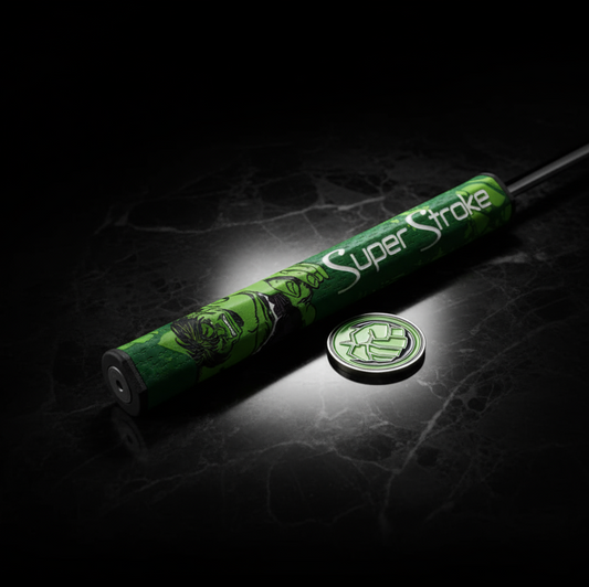 Green golf club grip with 'SuperStroke' branding on a dark background