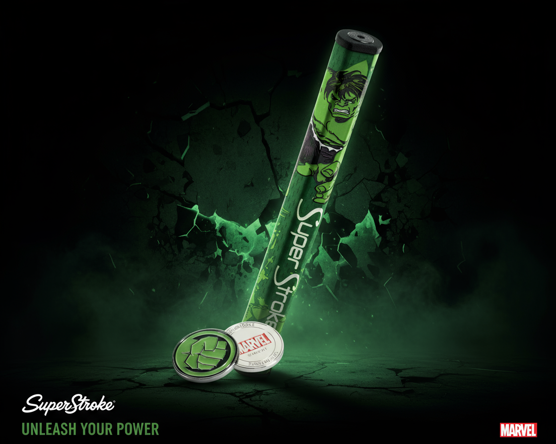 SuperStroke golf putter with Hulk design on a dark background, featuring Marvel branding.