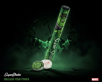 SuperStroke golf putter with Hulk design on a dark background, featuring Marvel branding.