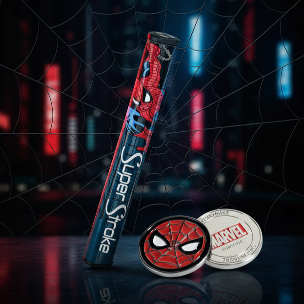 SuperStroke x Spider-Man golf putter and ball on a dark background with 'Swing with Superpower' text.