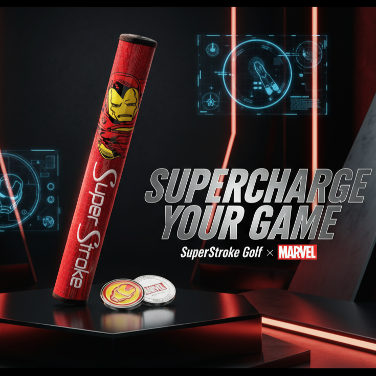 SuperStroke Golf Marvel golf club head cover with branding and text on a dark background