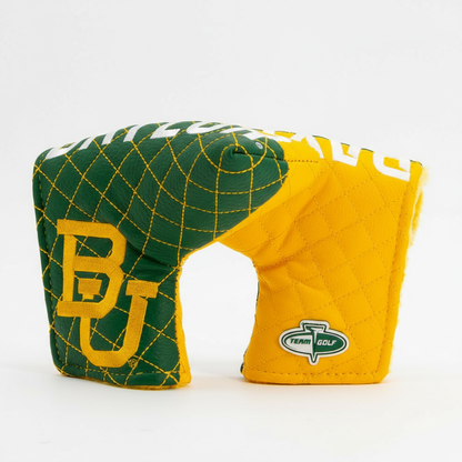 Green and yellow golf club head cover with 'BU' and 'Team Golf' logos on a white background