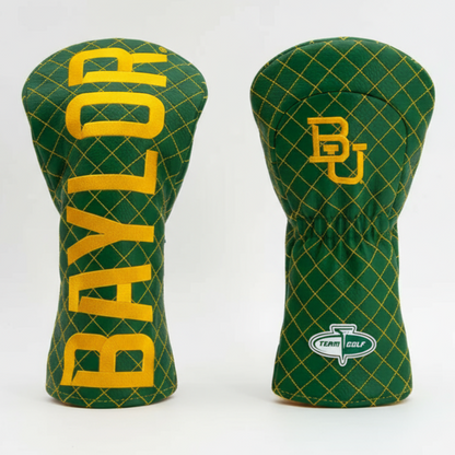 Two green and yellow golf club head covers with 'Baylor' branding on a white background