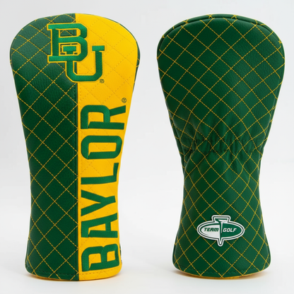 Two green and yellow golf club head covers with 'Baylor' branding on a white background