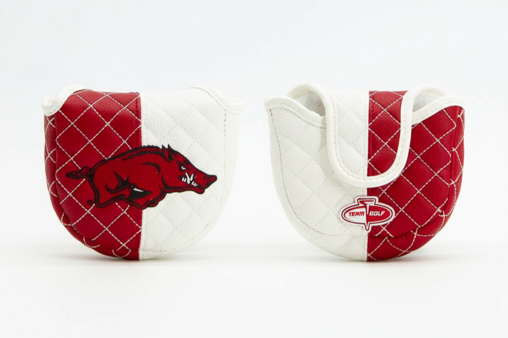 Two golf club covers with a red and white design featuring a logo on a white background