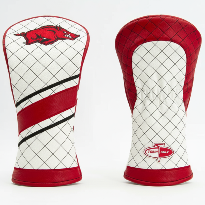 Two golf club head covers with a grid pattern and red accents on a white background