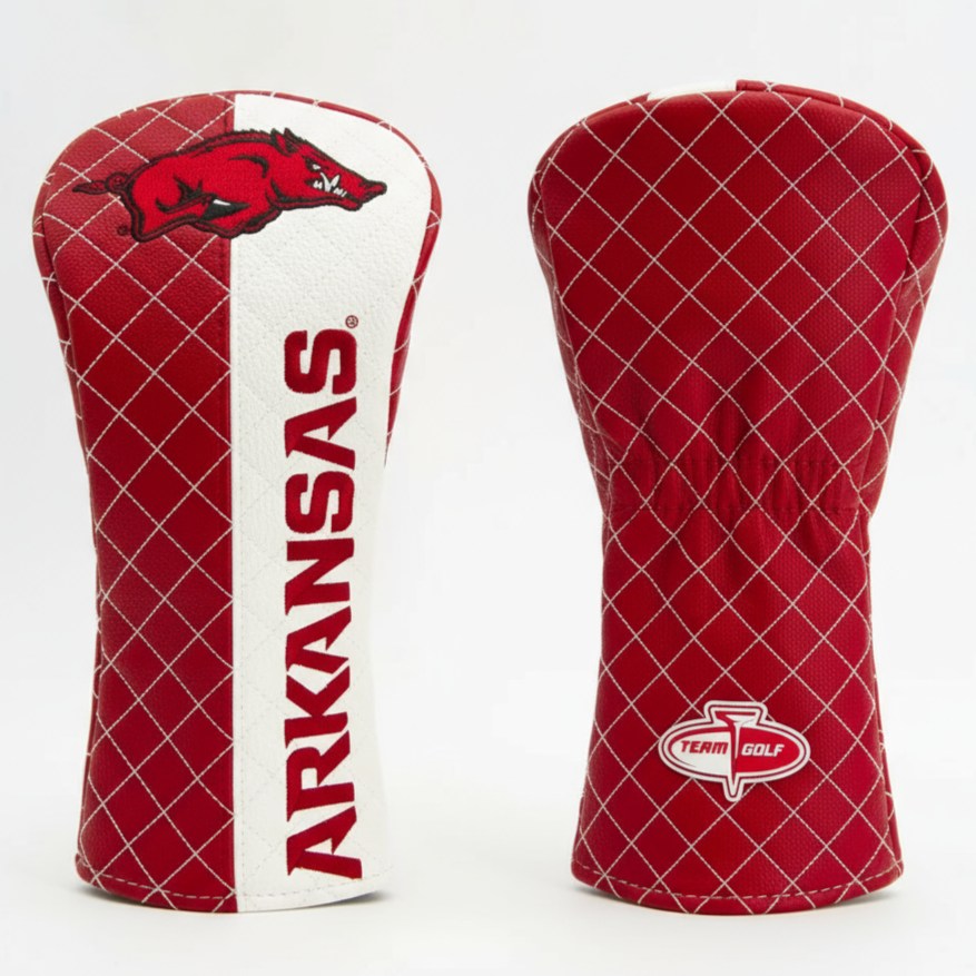 Two red and white golf club head covers with 'Arkansas' and 'Team Golf' branding on a light gray background.