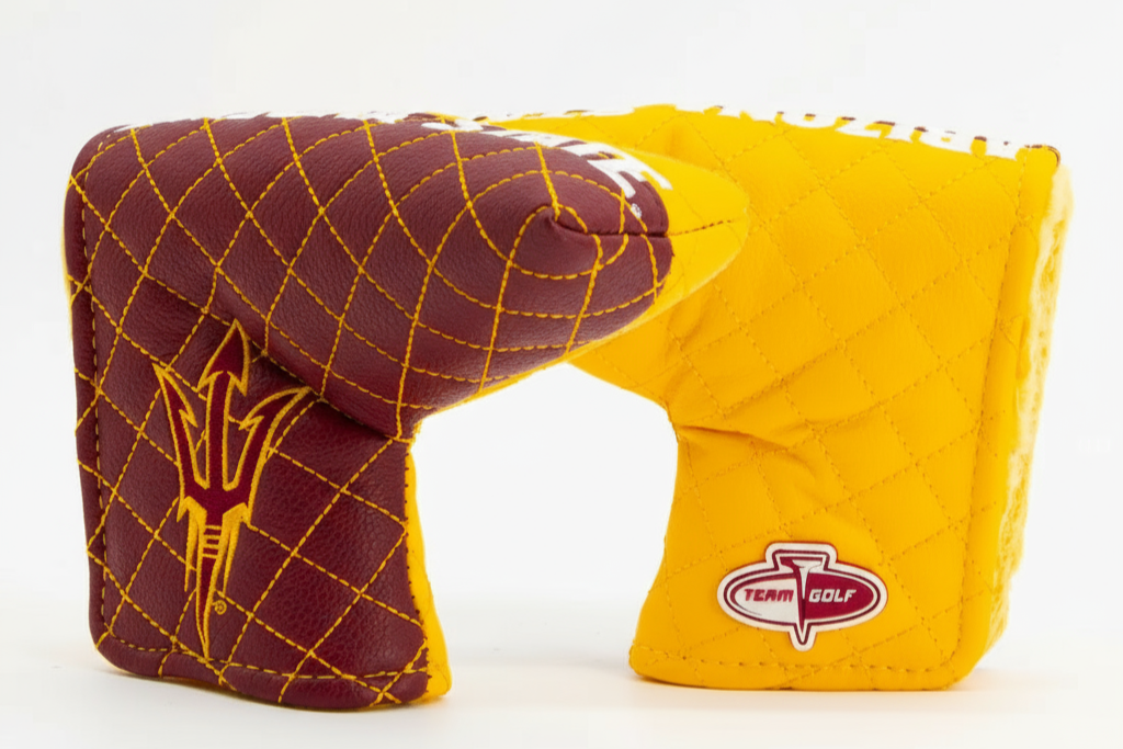 Maroon and yellow golf club head cover with a logo on a white background