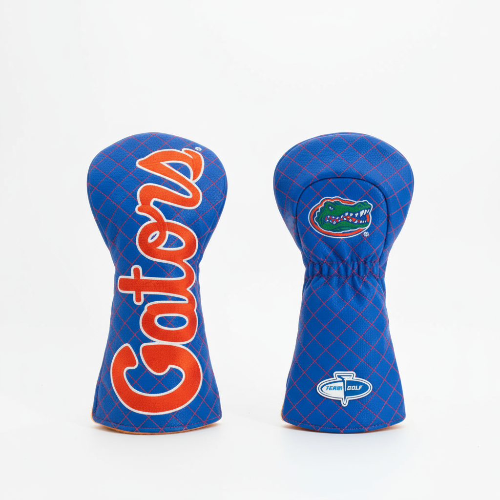 Two blue golf club head covers with 'Gators' and Florida Gators logos on a white background.