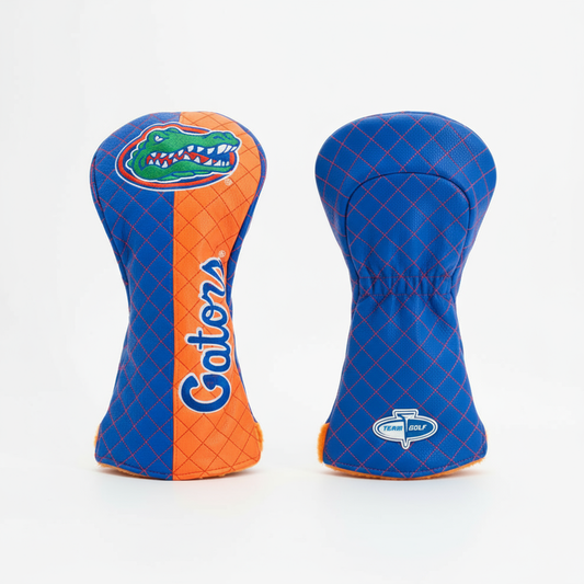Two golf club head covers, one with a Florida Gators logo and the other blue with orange accents, on a white background.