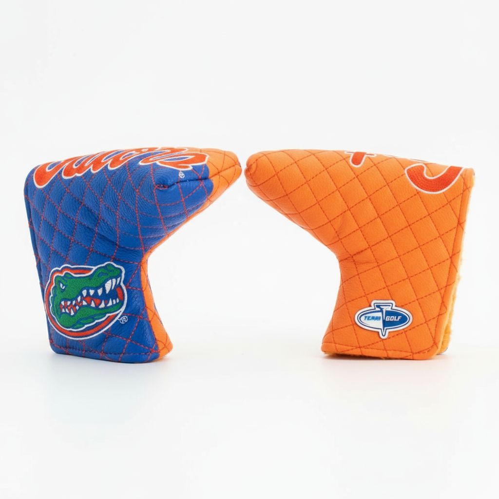 Two golf club covers, one blue with a gator logo and one orange, on a white background.