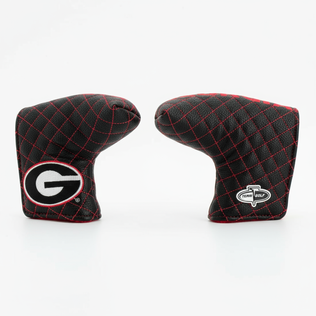 Two black quilted golf club covers with logos on a white background