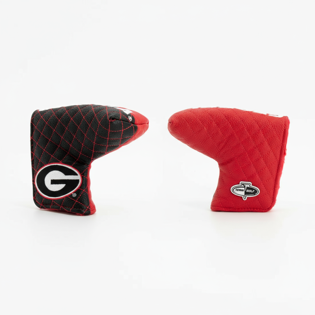 Black and red golf club head covers with logos on a white background