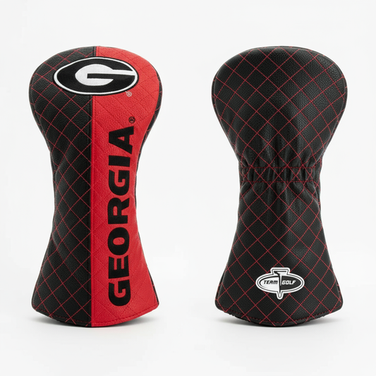 Two golf head covers, one red and black with 'Georgia' text, the other black with grid pattern and 'Team Golf' logo, on a white background.