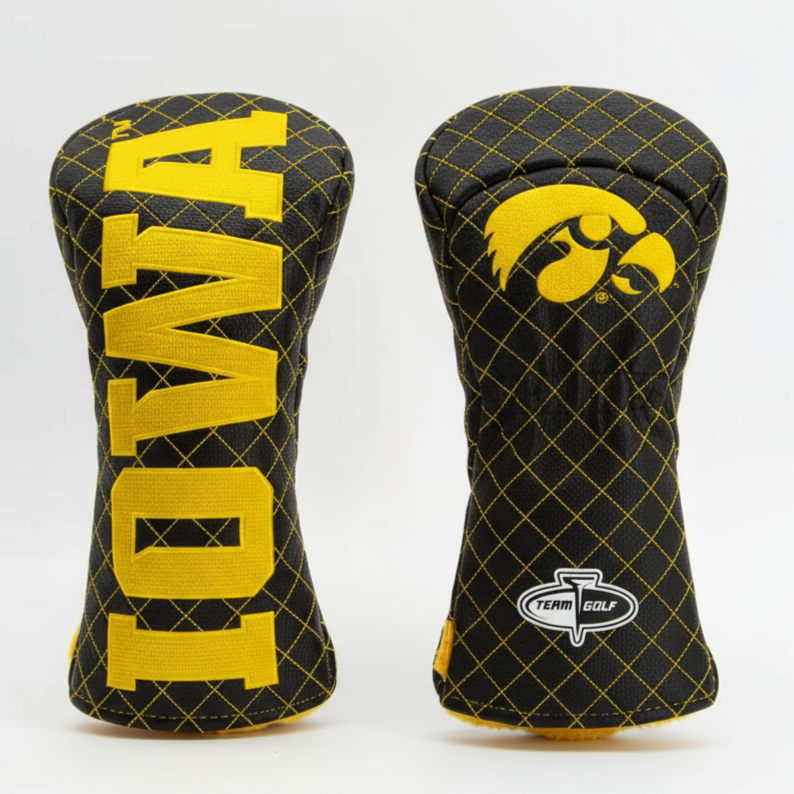 Two black golf club head covers with yellow text and logos on a white background