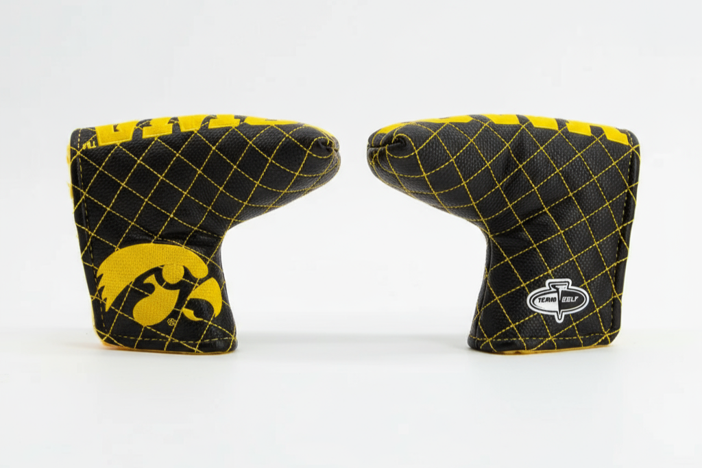 Two golf club head covers with a grid pattern and logos on a white background