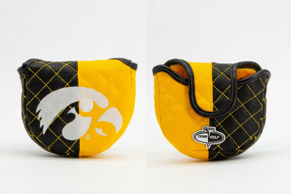 Two golf club covers with a black and yellow design on a white background
