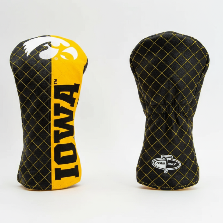 Two golf club heads, one with 'Iowa' branding and the other with a checkered pattern, on a white background.