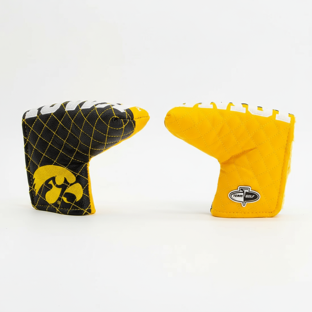 Two golf club covers, one black with yellow accents and another yellow with a logo, on a white background.