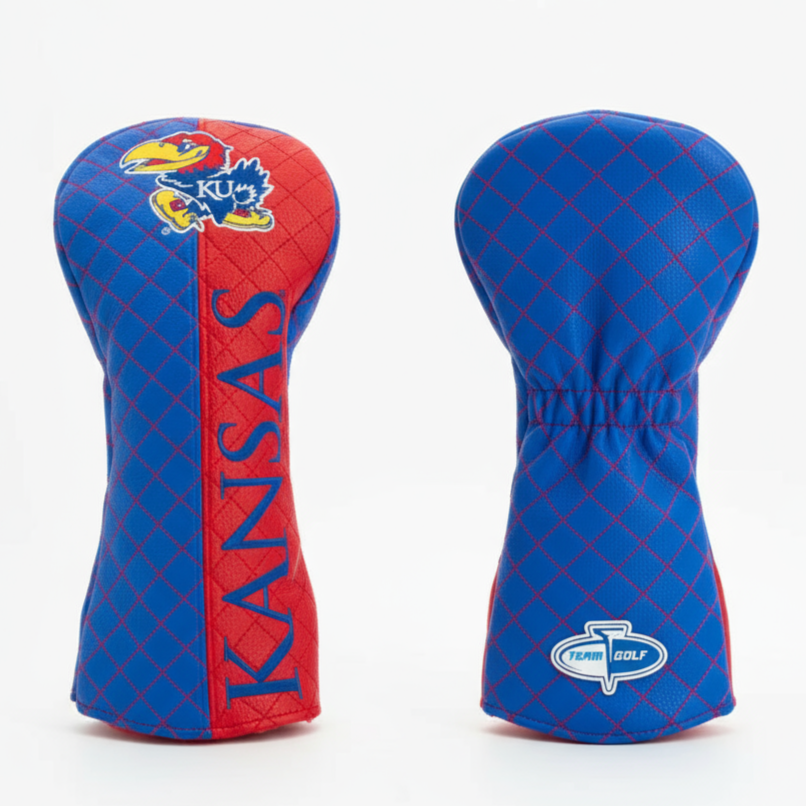 Blue and red golf club head covers with 'Kansas' text and logo on a white background