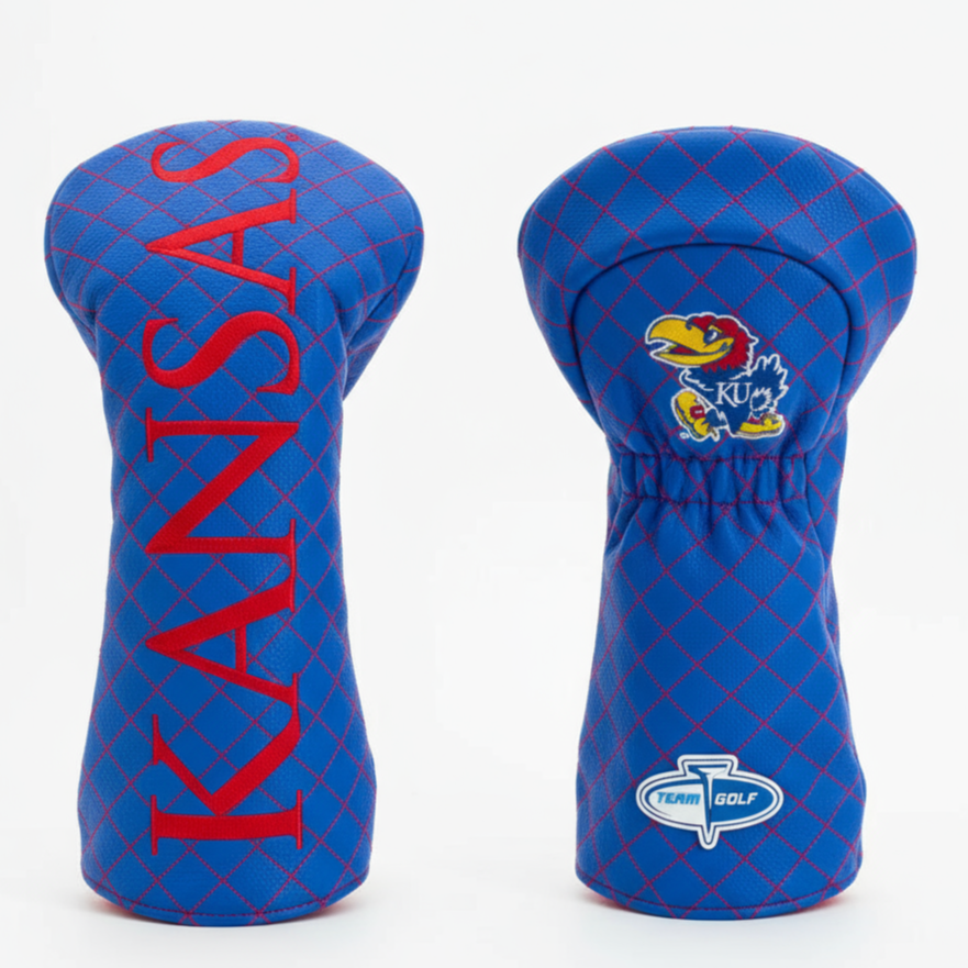 Two blue golf club head covers with 'Kansas' text and logo on a white background