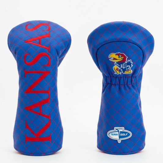 Two blue golf club head covers with 'Kansas' text and logo on a white background
