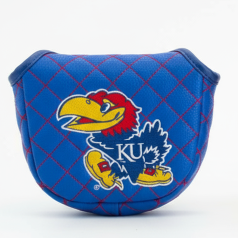 Two golf club covers, one blue with a logo and one red and blue with a brand logo, on a white background.